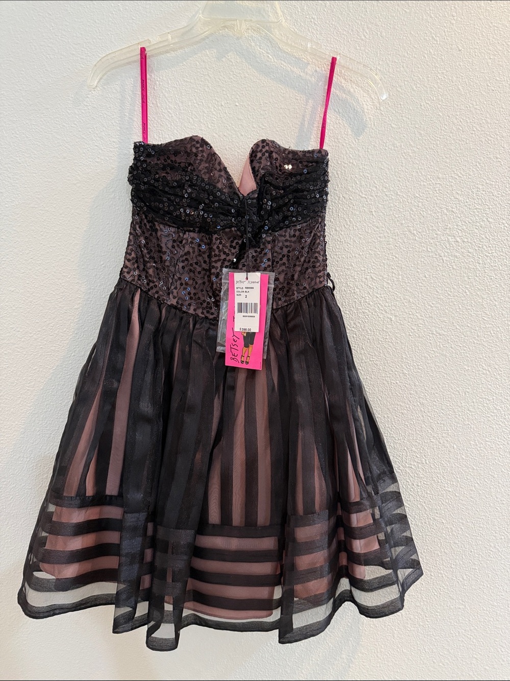 Strapless Betsey Johnson Black and Pink Mini Dress - Picture 1 of 3